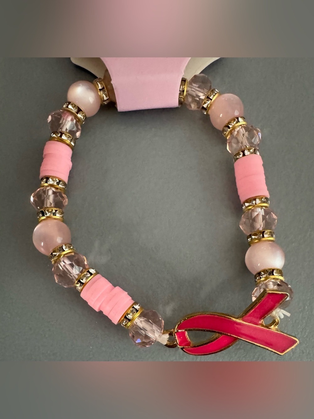 Pink Awareness Ribbon glass Beaded Stretch Bracelet - Women's Jewelry
